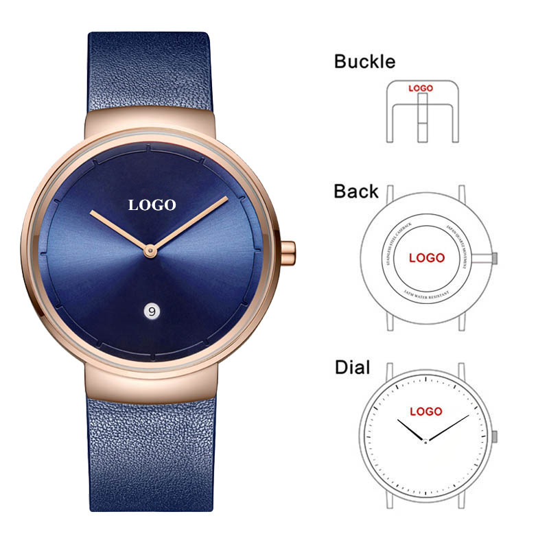 Leather Watch Strap - Montre à cadran bleu avec bracelet